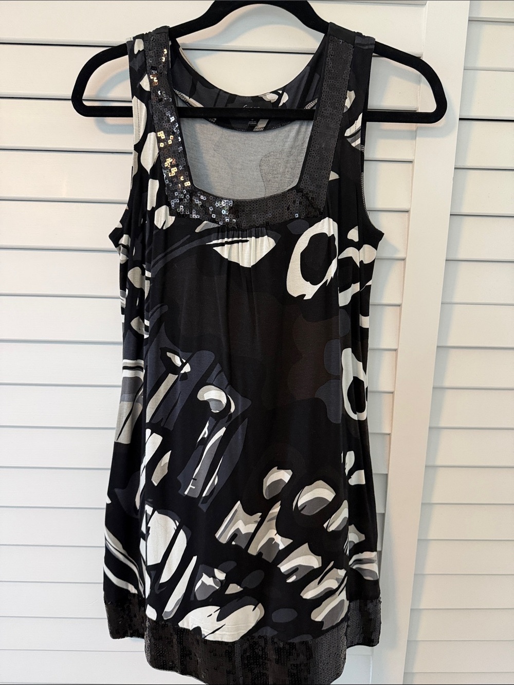 Express Black & White Sequin Trim Sleeveless Tunic Dress